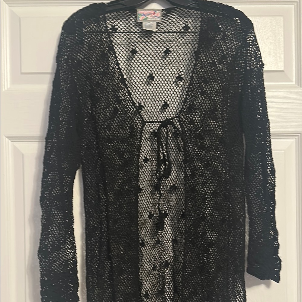 Black Open-Knit Tie-Front Women's Sweater Cardigan